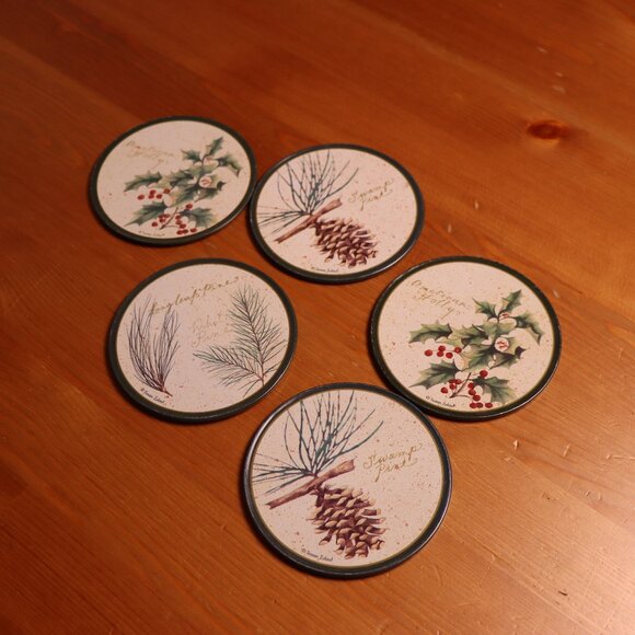 Set of 5 tree nature themed wooden metal and cork coasters, vintage green forest - Picture 2 of 4